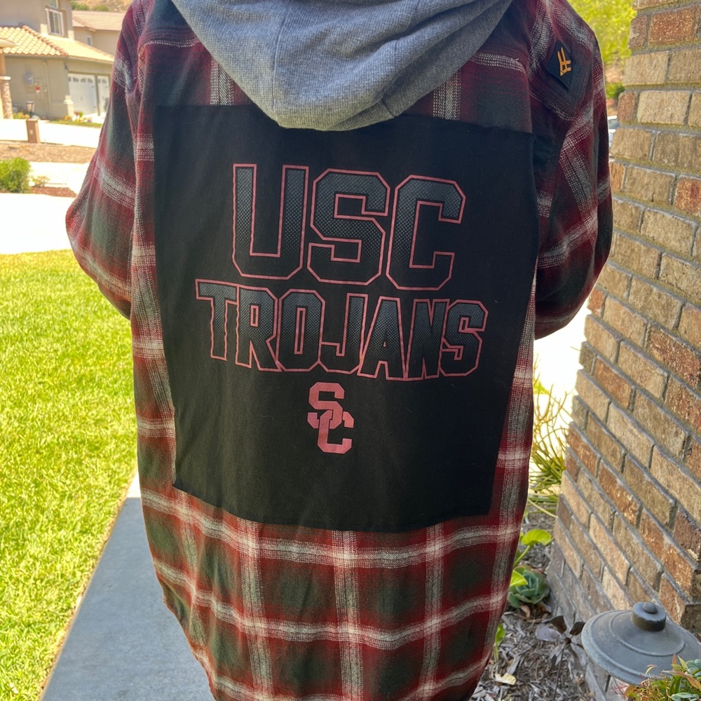 USC Trojans Upcycled Flannel Shirt with Hood Unisex XLT